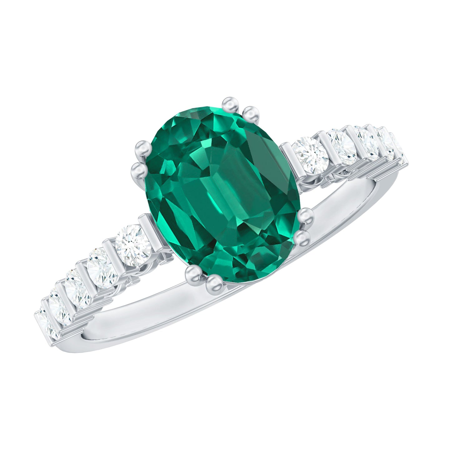 3 Carat Oval Cut Lab Created Emerald Solitaire Engagement Ring with Diamond