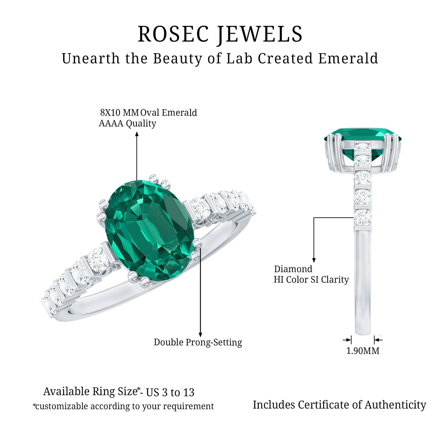 3 Carat Oval Cut Lab Created Emerald Solitaire Engagement Ring with Diamond