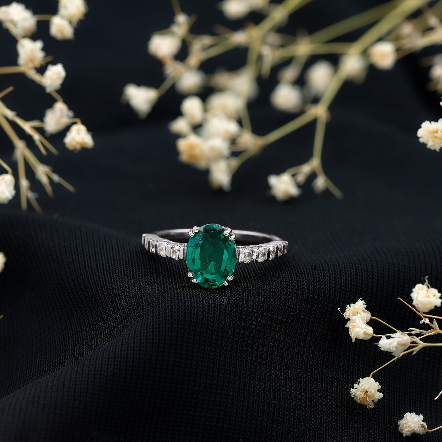 3 Carat Oval Cut Lab Created Emerald Solitaire Engagement Ring with Diamond
