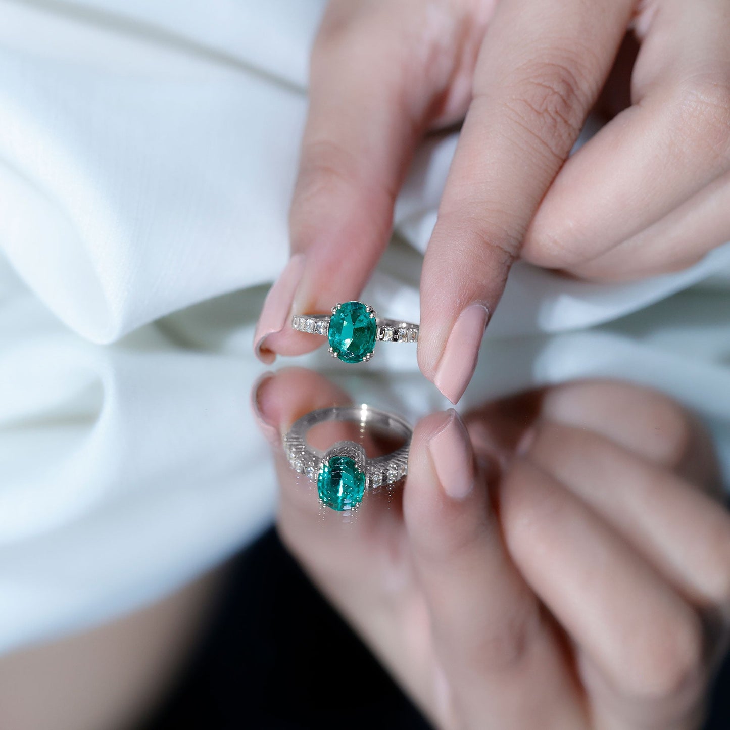 3 Carat Oval Cut Lab Created Emerald Solitaire Engagement Ring with Diamond