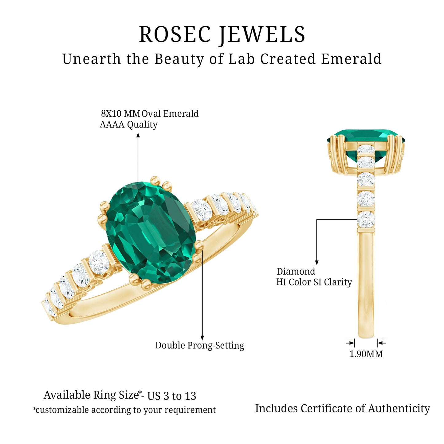 3 Carat Oval Cut Lab Created Emerald Solitaire Engagement Ring with Diamond