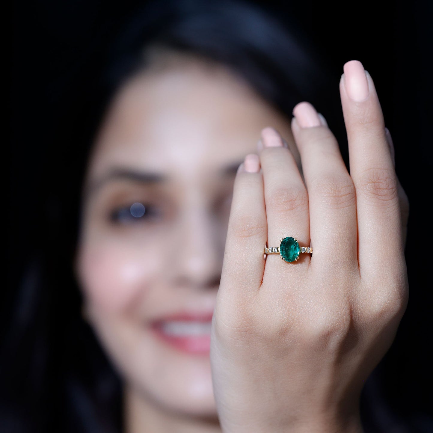 3 Carat Oval Cut Lab Created Emerald Solitaire Engagement Ring with Diamond