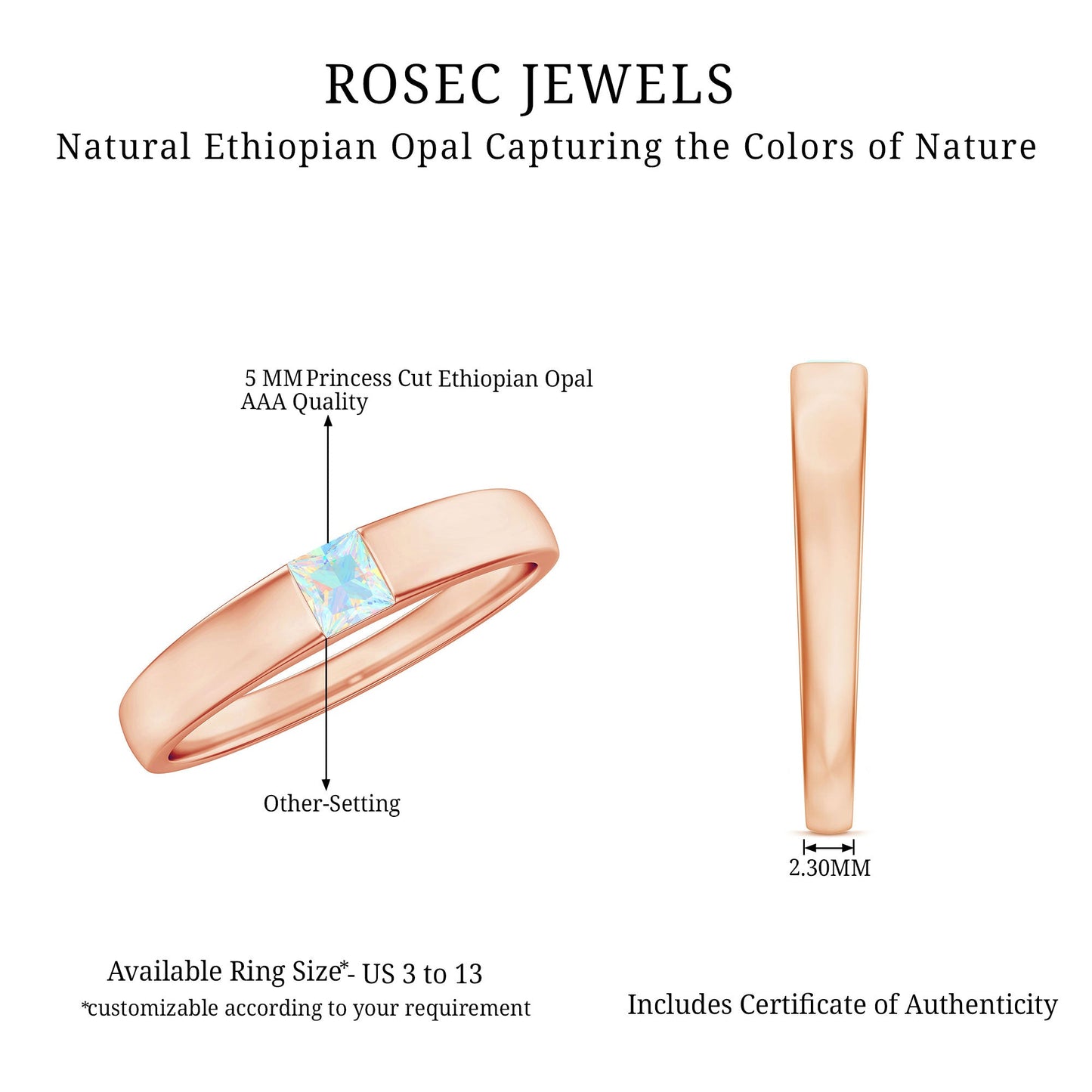 Certified Real Ethiopian Rainbow Opal Princess Cut Engagement Ring
