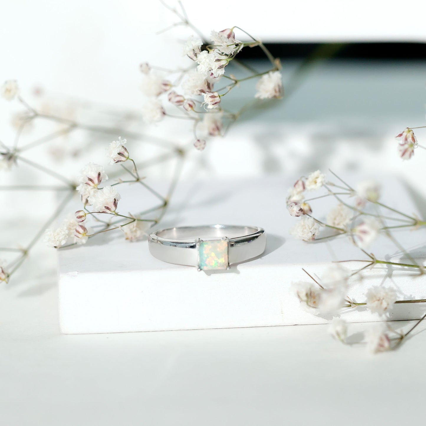 Certified Real Ethiopian Rainbow Opal Princess Cut Engagement Ring