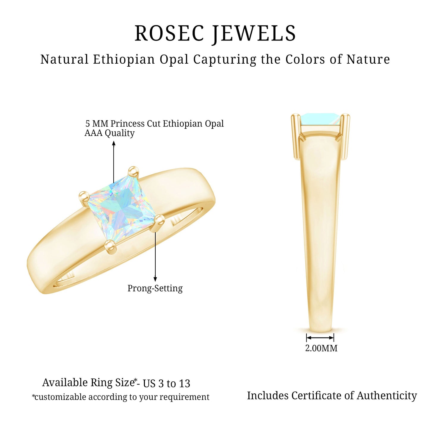 Certified Real Ethiopian Rainbow Opal Princess Cut Engagement Ring