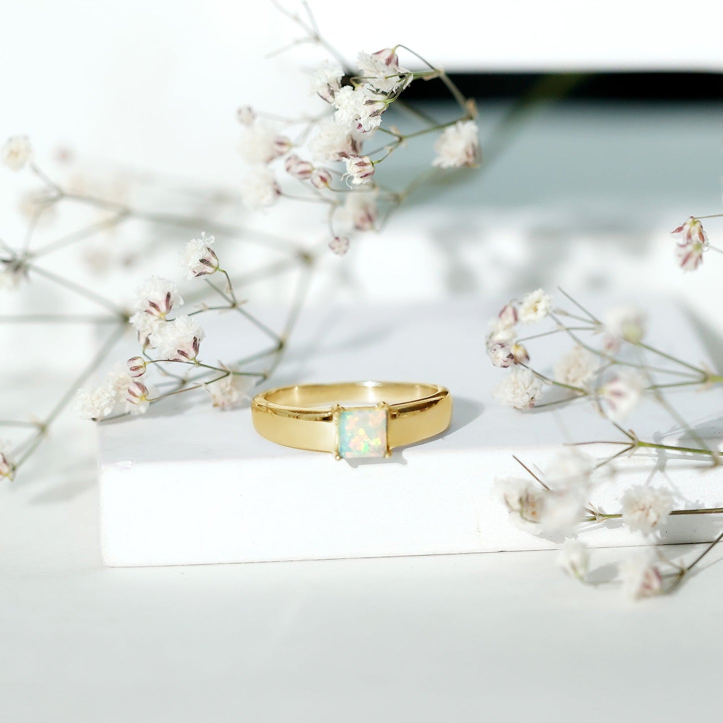Certified Real Ethiopian Rainbow Opal Princess Cut Engagement Ring