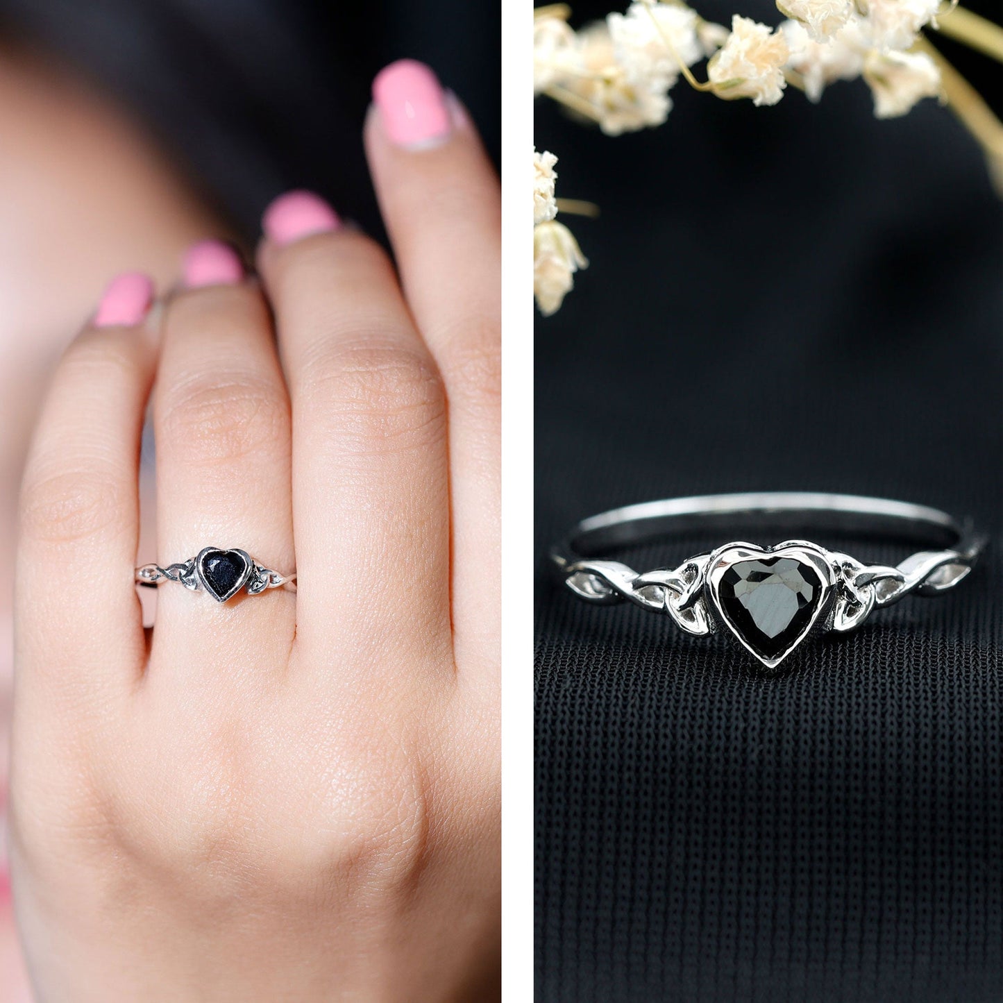Certified 0.6 Carat Lab Grown Black Diamond Heart Promise Ring with Celtic Knot