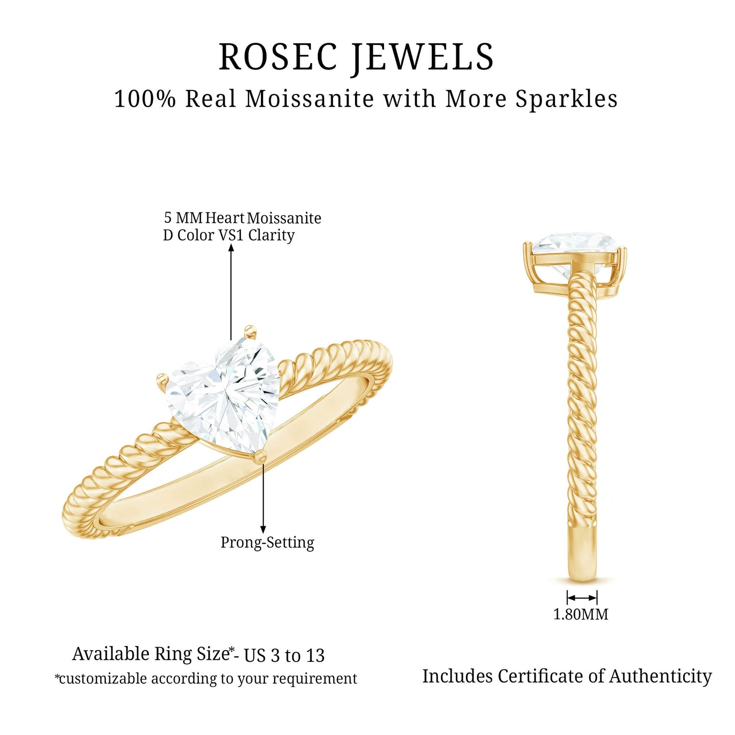 Moissanite Solitaire Promise Ring with Twisted Rope Band
