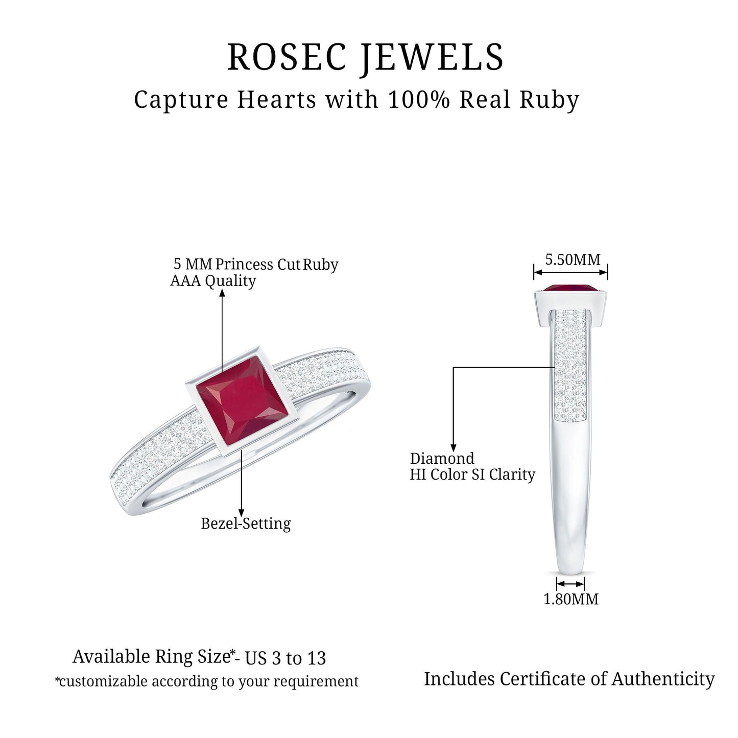 Natural 0.8 Carat Ruby Princess Cut Engagement Ring with Diamond