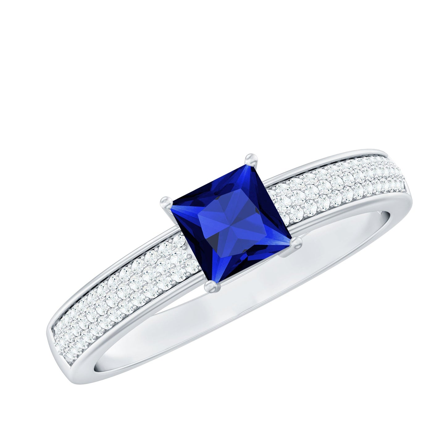 0.7 Carat Princess Cut Lab Created Blue Sapphire Engagement Ring with Diamond