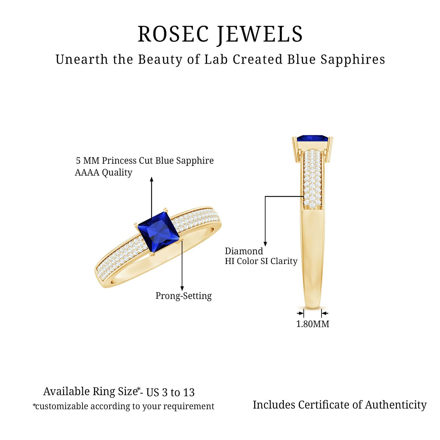 0.7 Carat Princess Cut Lab Created Blue Sapphire Engagement Ring with Diamond