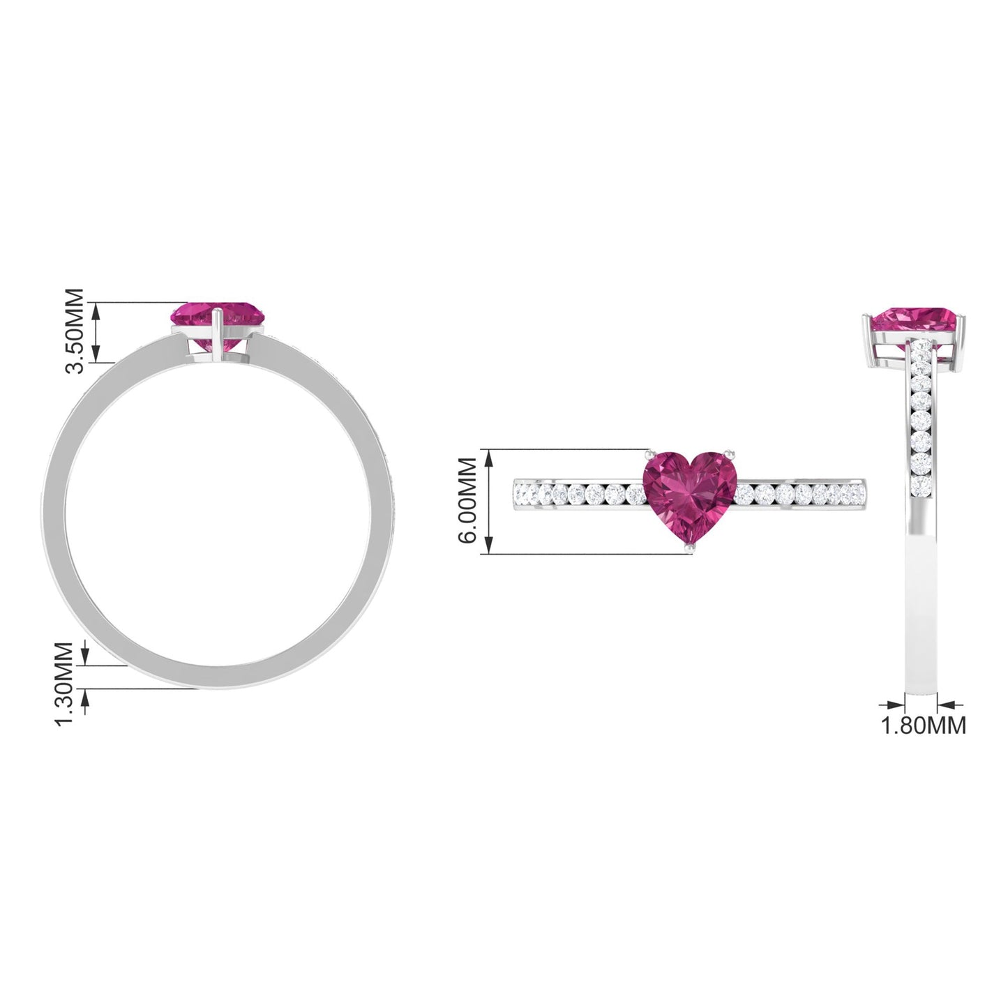 0.9 Carat Heart Shape Pink Tourmaline Solitaire Ring with Diamond Side Stones