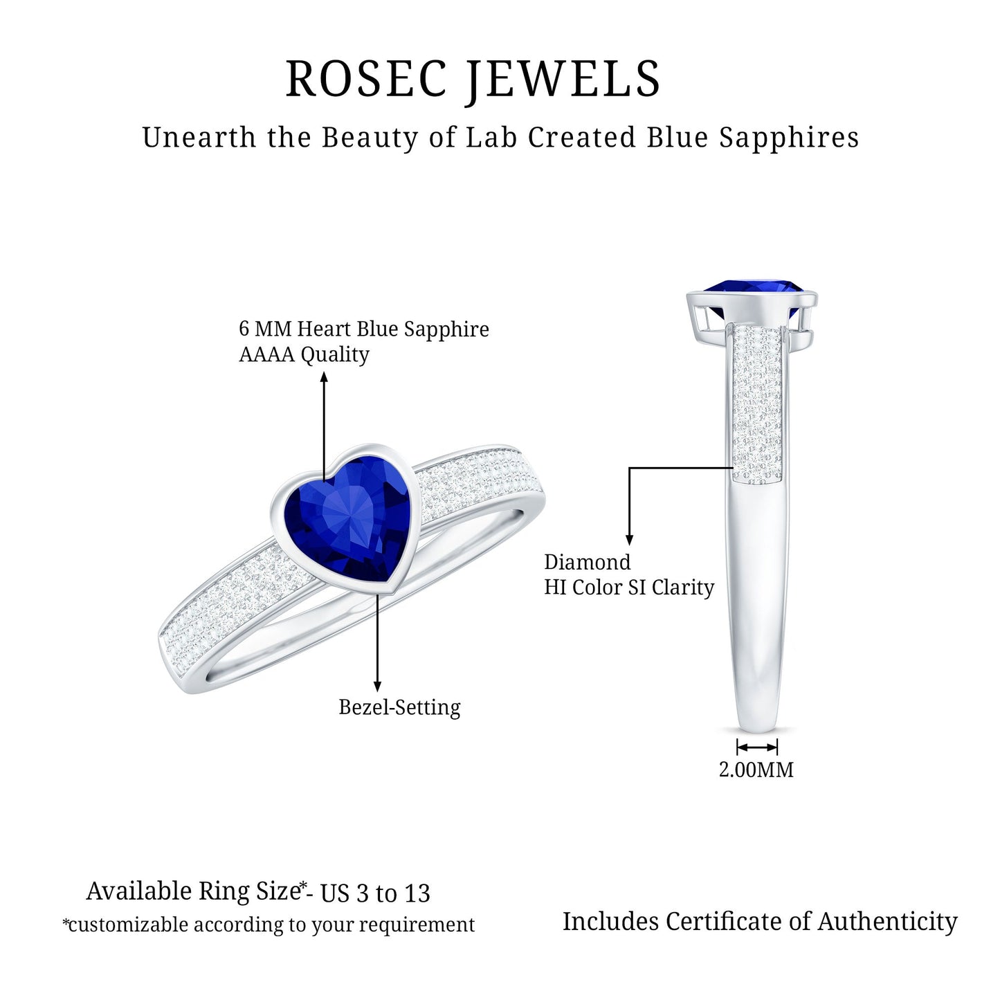 Heart Shape Created Blue Sapphire Solitaire Ring with Diamond Side Stone