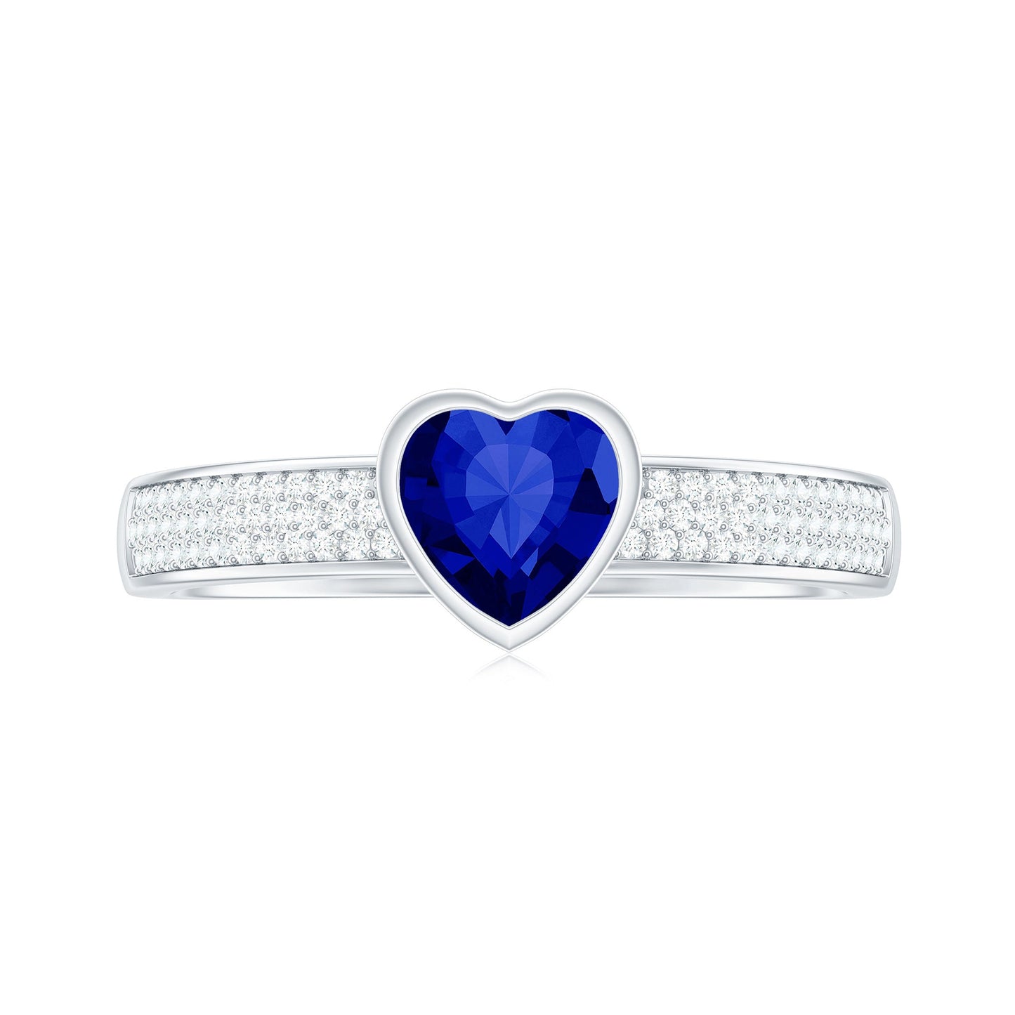 Heart Shape Created Blue Sapphire Solitaire Ring with Diamond Side Stone