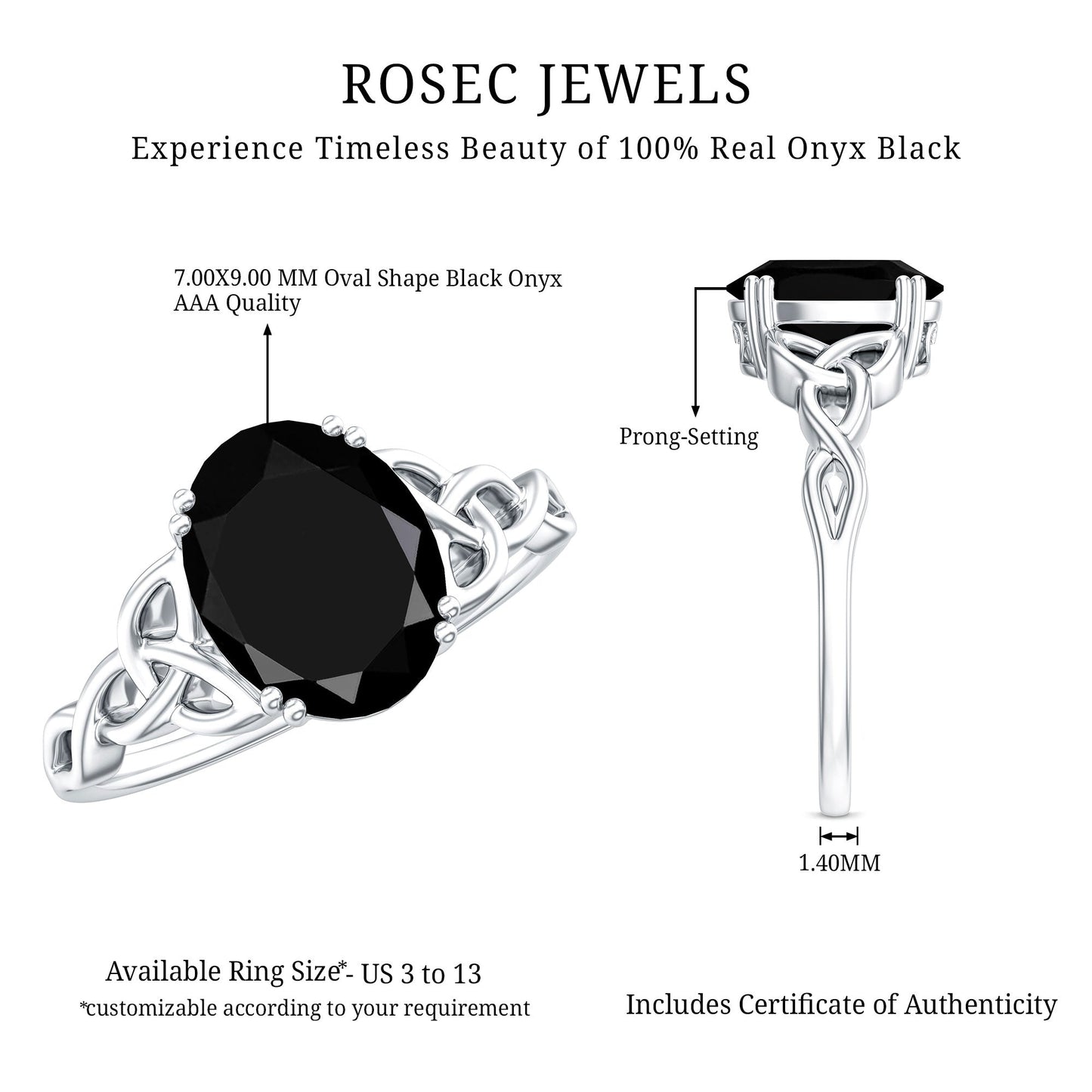 Natural 1.7 Carat Black Onyx Oval Engagement Ring with Celtic Knot