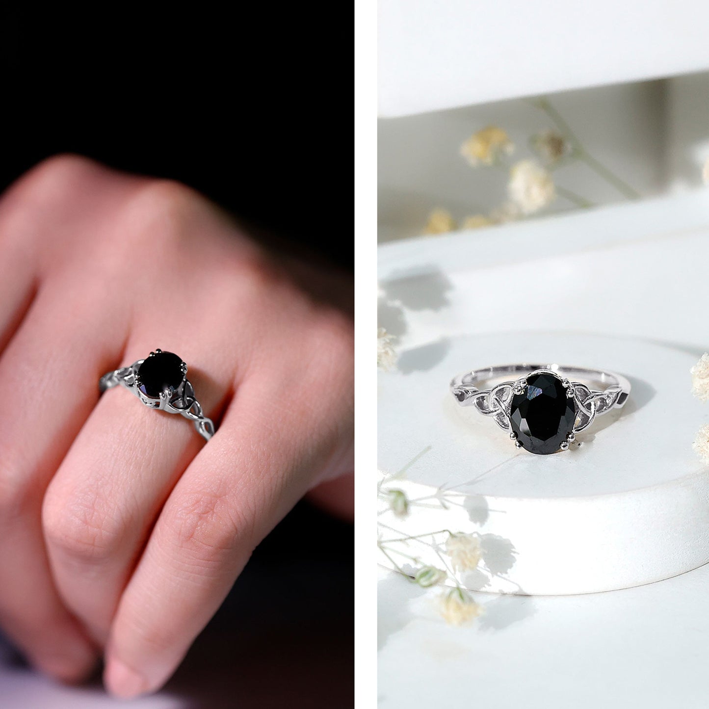 Natural 1.7 Carat Black Onyx Oval Engagement Ring with Celtic Knot