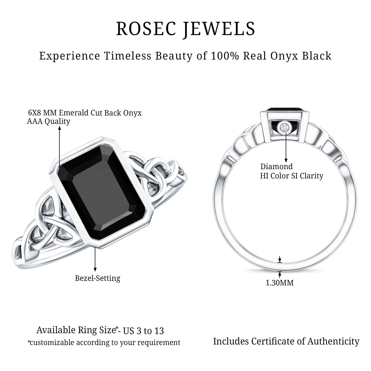 Emerald Cut Black Onyx Bezel Set Engagement Ring with Surprise Diamond