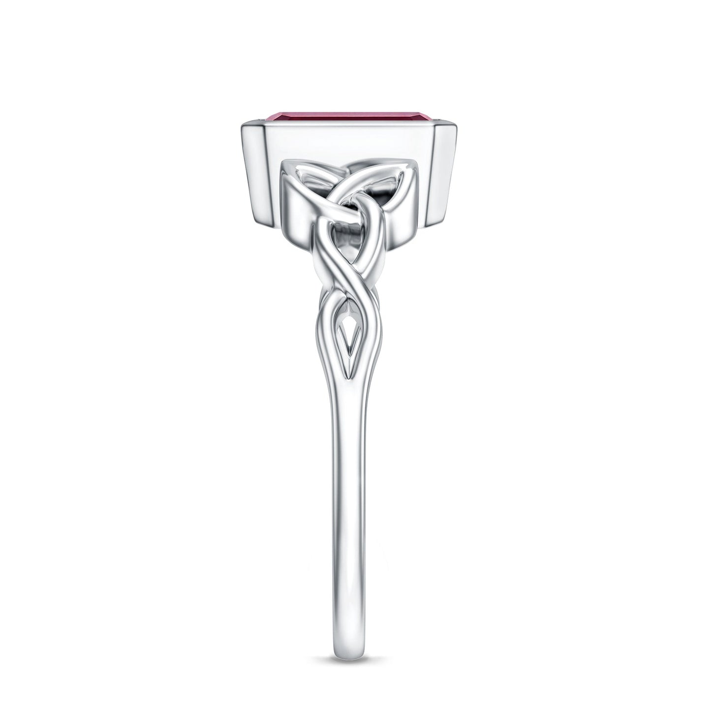 Bezel Set Emerald Cut Lab Created Ruby Celtic Engagement Ring