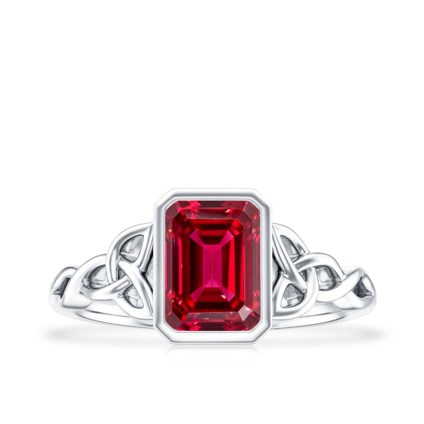 Bezel Set Emerald Cut Lab Created Ruby Celtic Engagement Ring