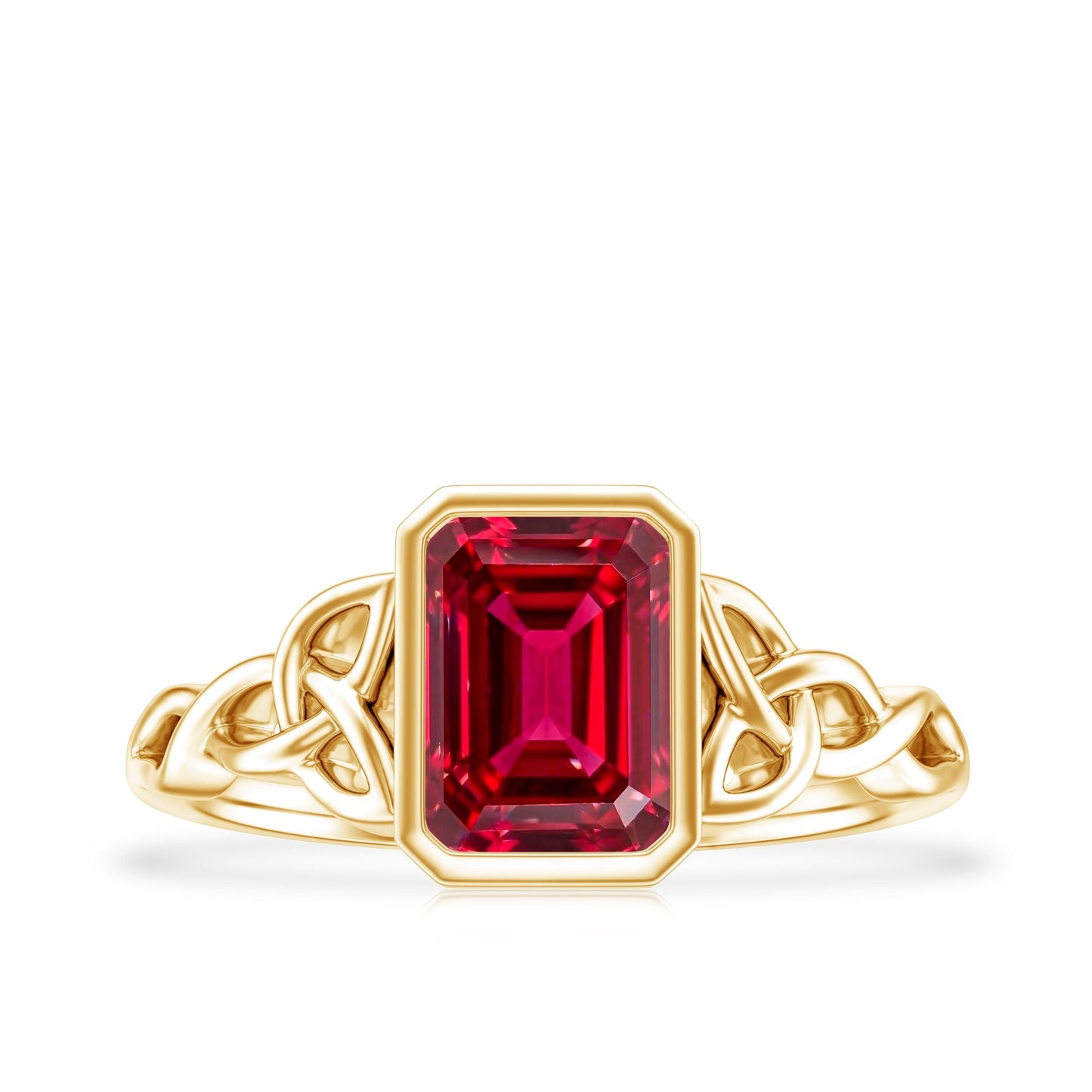 Bezel Set Emerald Cut Lab Created Ruby Celtic Engagement Ring