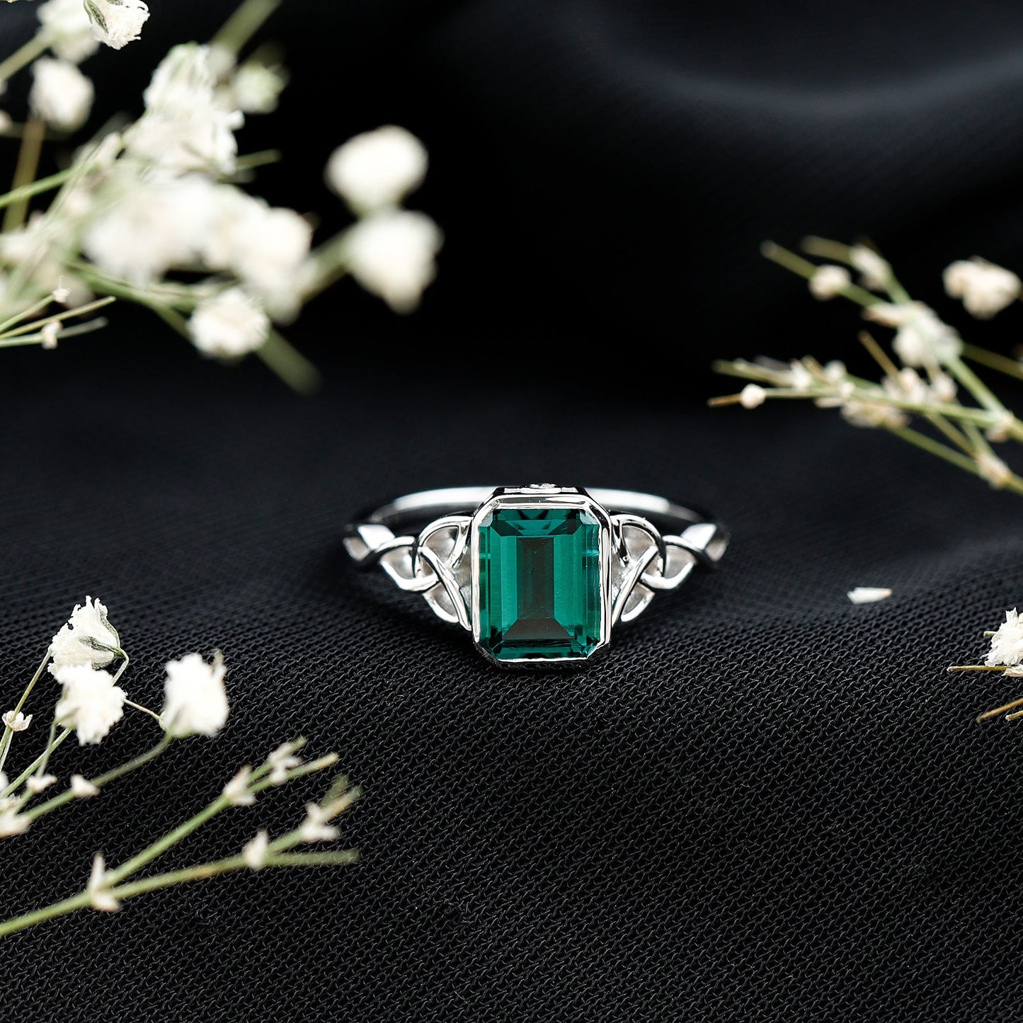 Certified Lab Grown Emerald Cut Emerald Engagement Ring with Celtic Knot