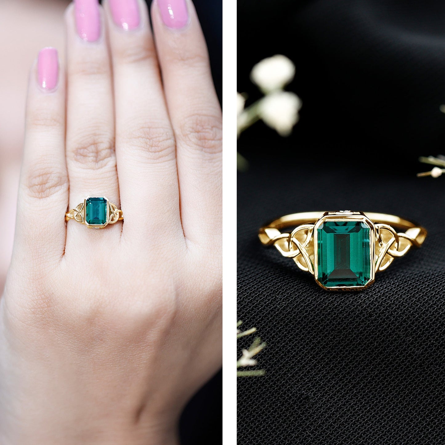 Certified Lab Grown Emerald Cut Emerald Engagement Ring with Celtic Knot