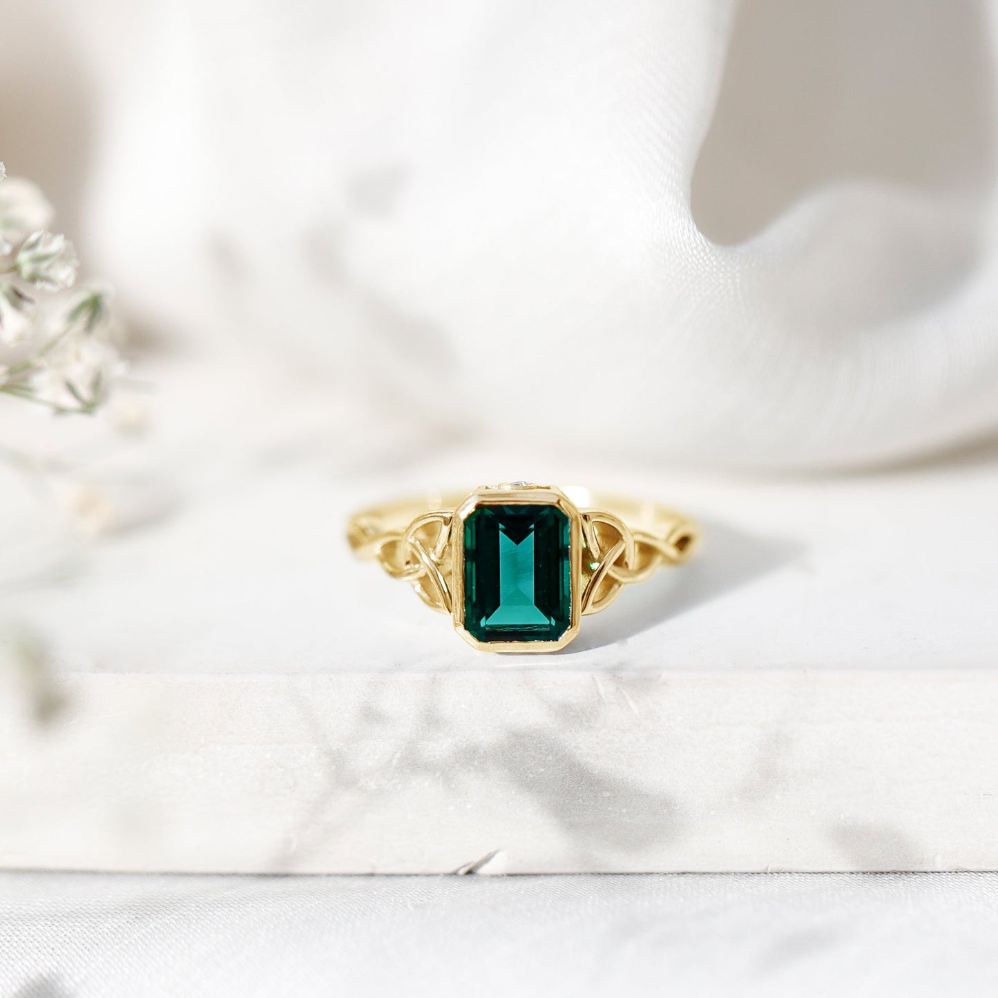 Certified Lab Grown Emerald Cut Emerald Engagement Ring with Celtic Knot