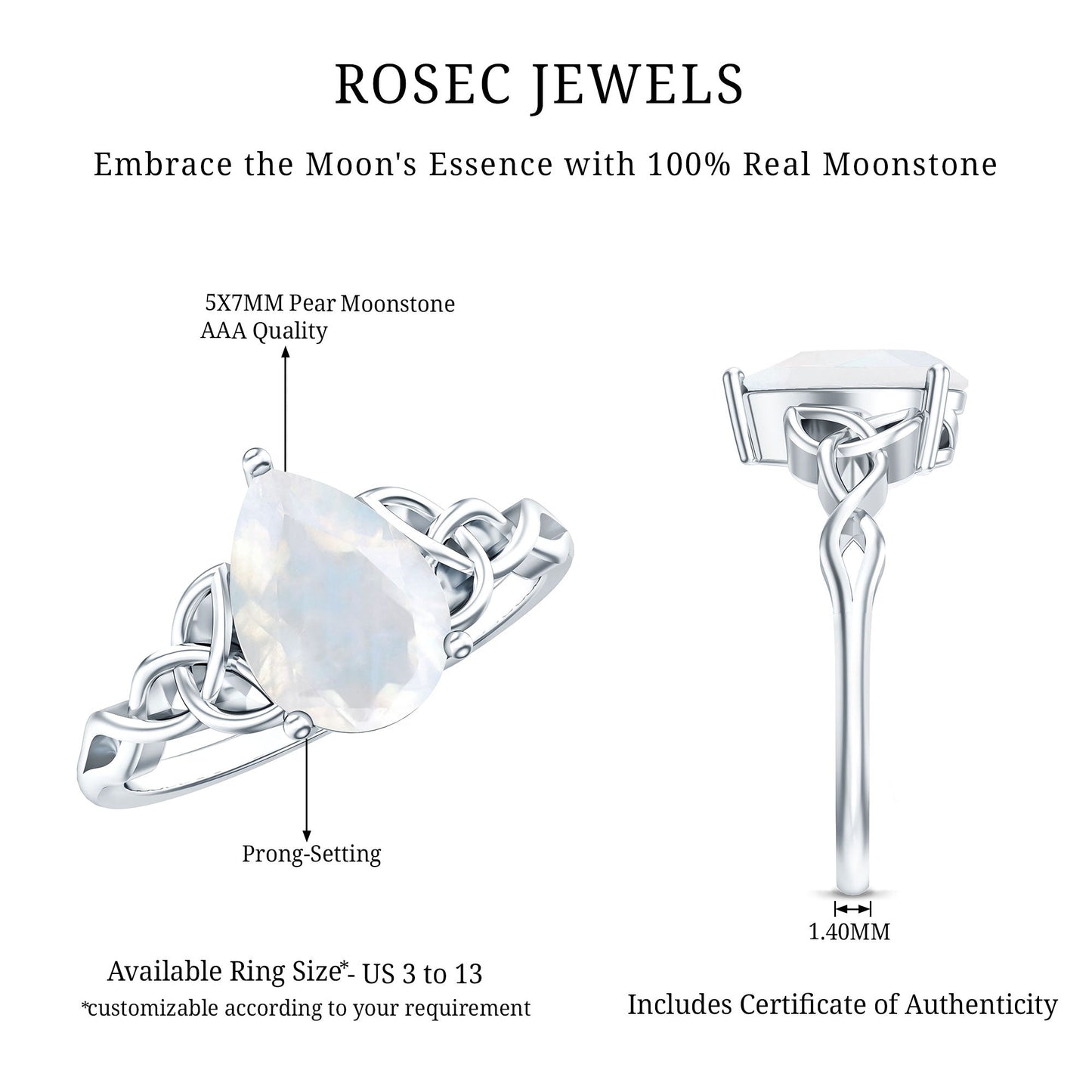 Pear Shaped Moonstone Solitaire Engagement Ring with Celtic Band