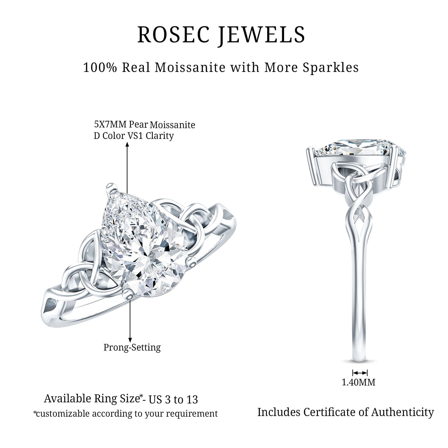 Pear Cut 0.79 Carat Moissanite Celtic Engagement Ring