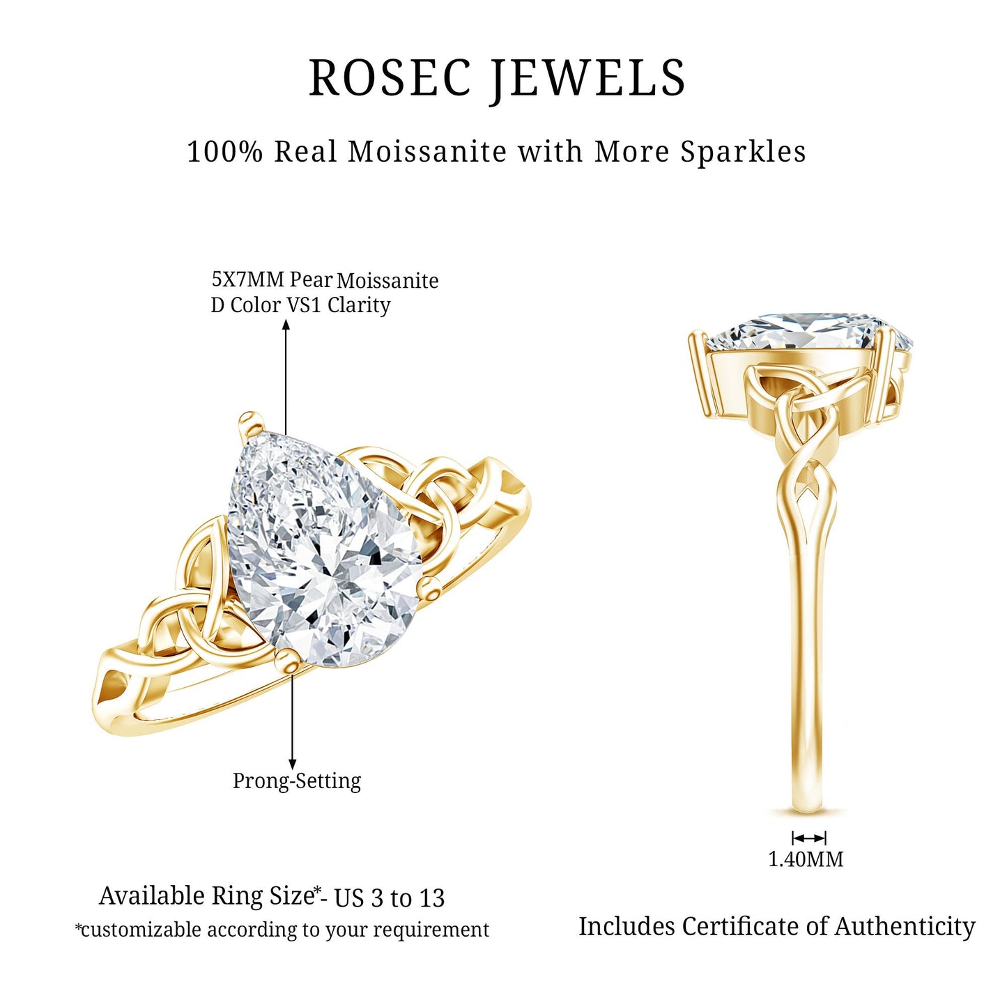 Pear Cut 0.79 Carat Moissanite Celtic Engagement Ring