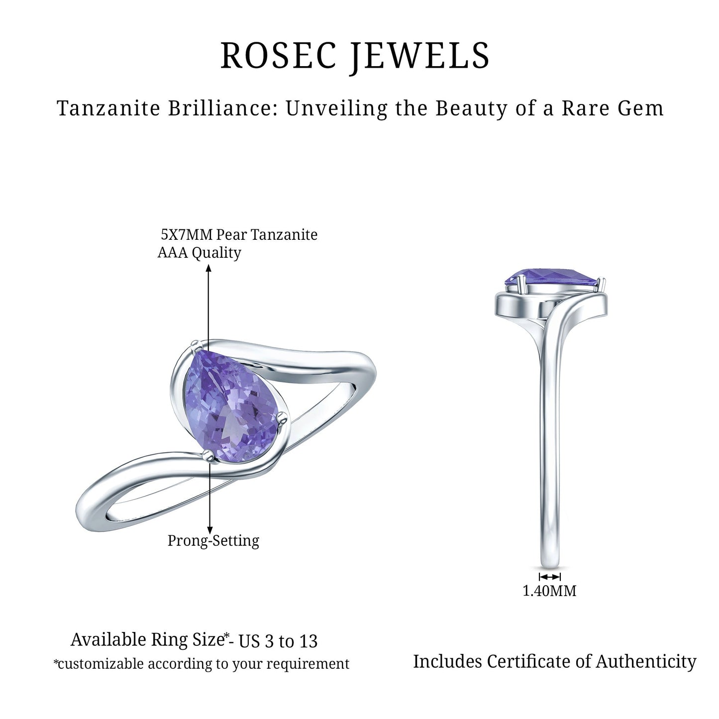 Natural Tanzanite Solitaire Engagement Ring with Bypass Shank