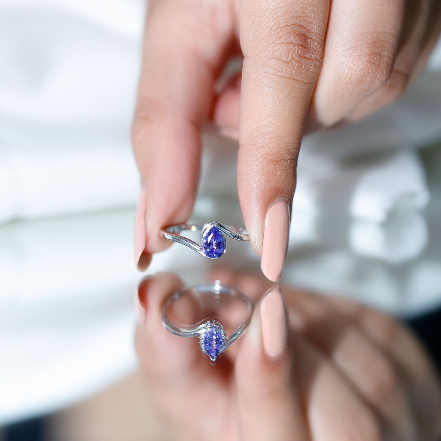 Natural Tanzanite Solitaire Engagement Ring with Bypass Shank