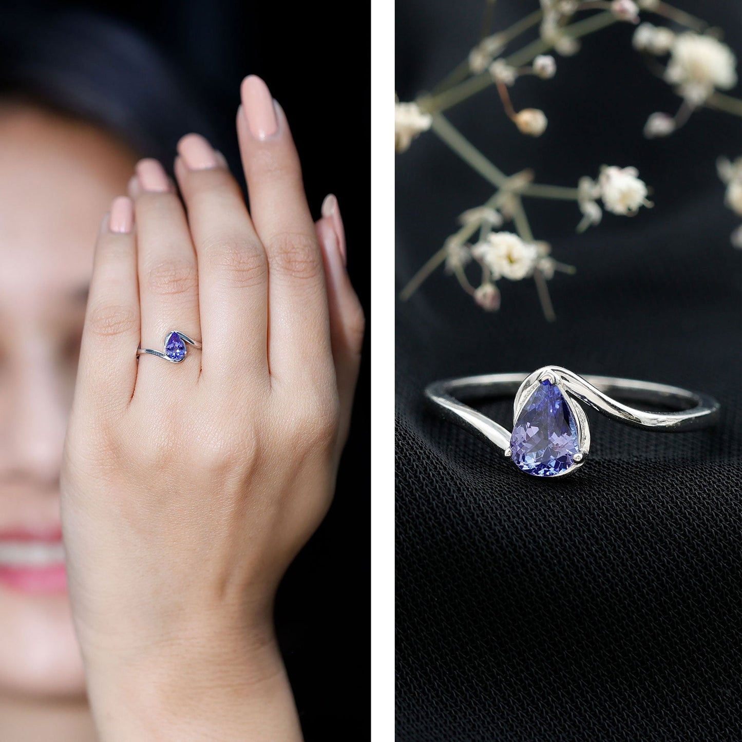 Natural Tanzanite Solitaire Engagement Ring with Bypass Shank