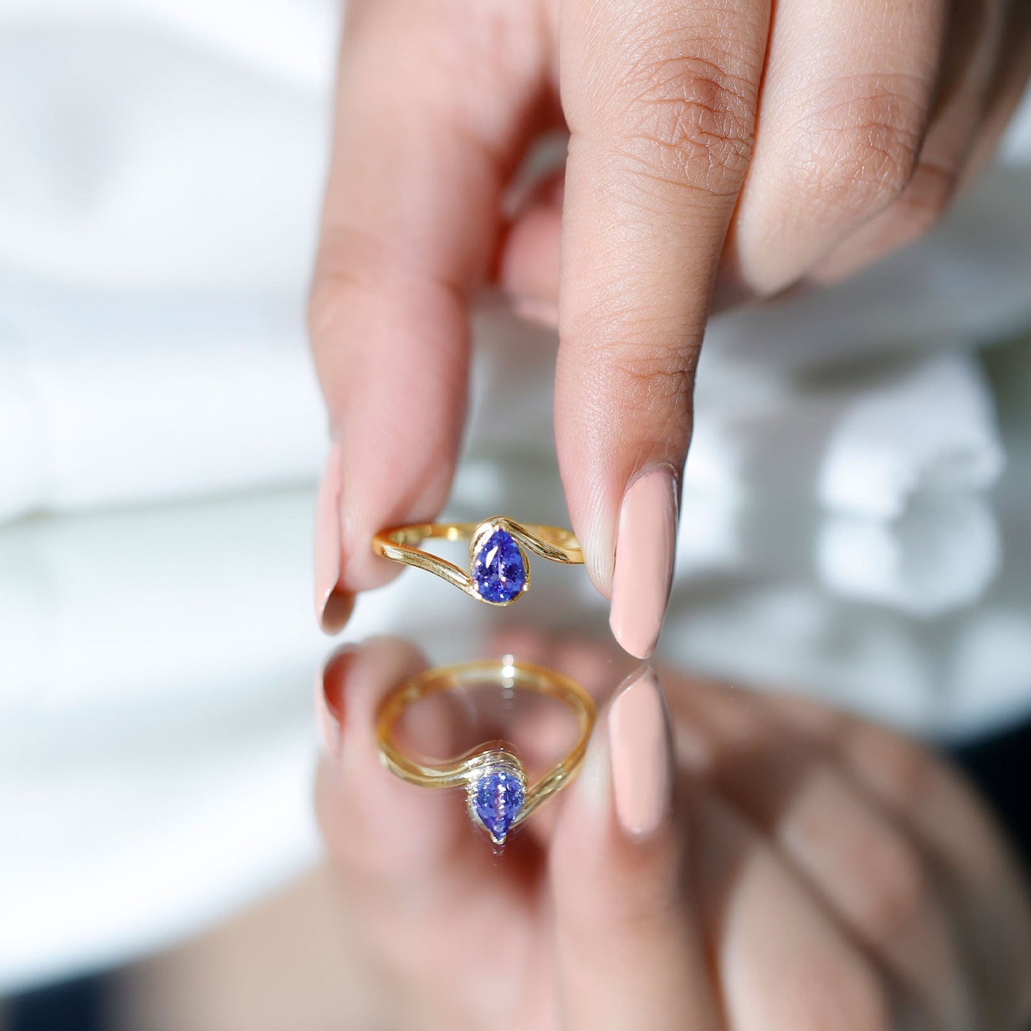 Natural Tanzanite Solitaire Engagement Ring with Bypass Shank