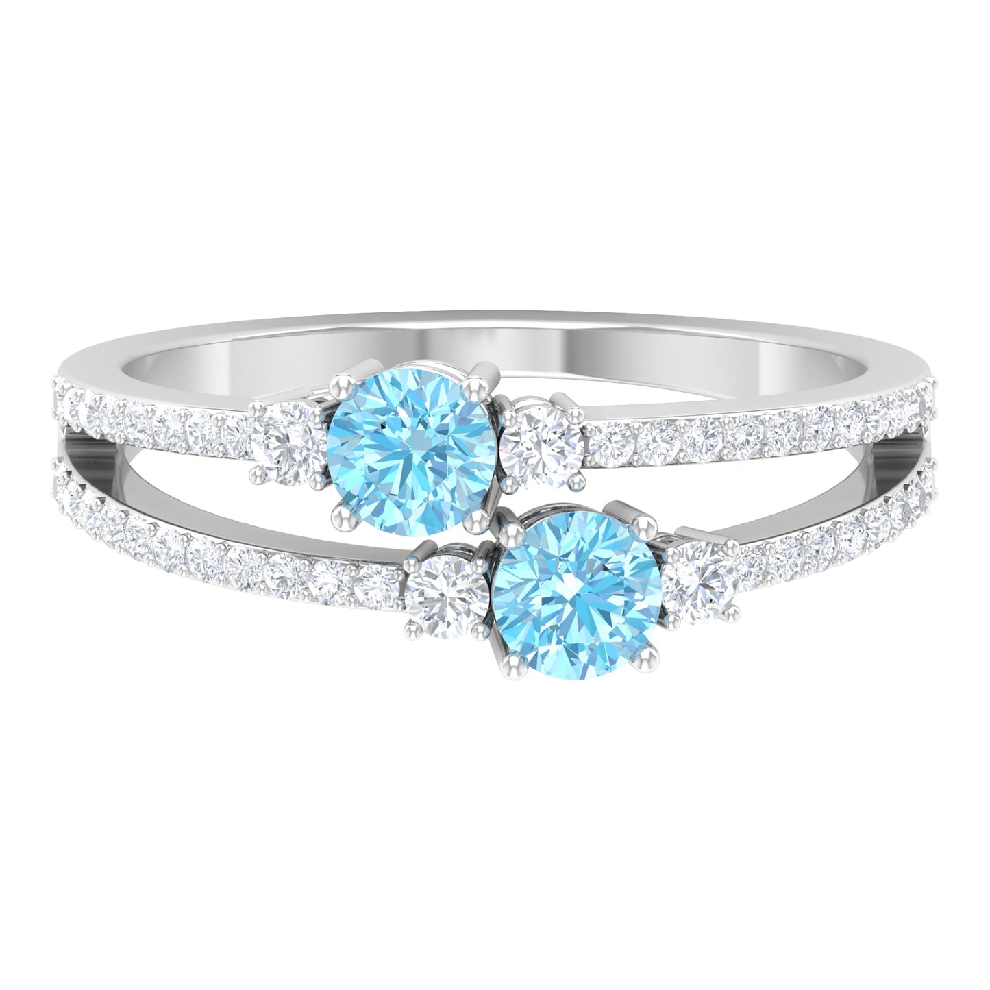 Natural Aquamarine Diamond 2 Stone Promise Ring with Split Shank