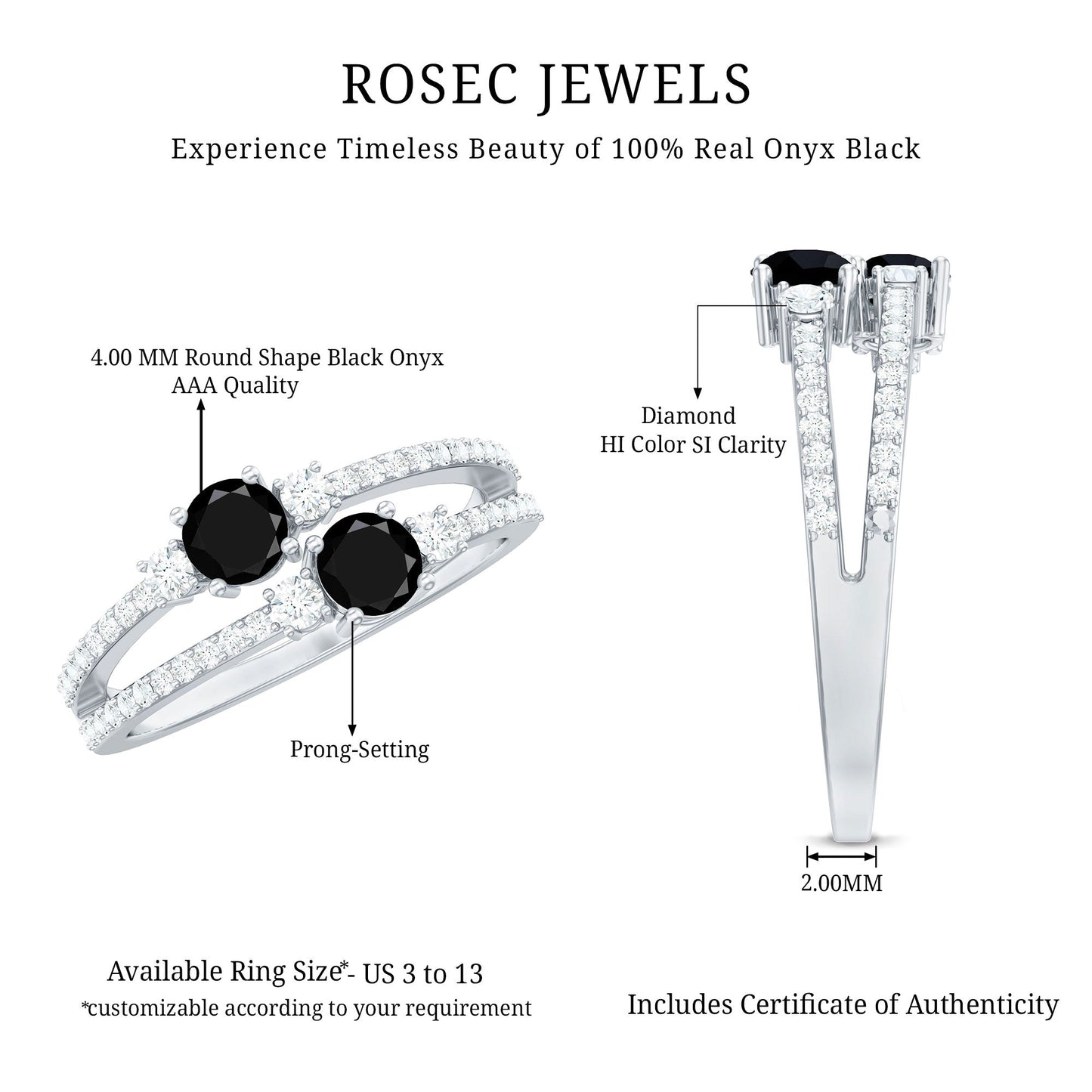 Genuine Black Onyx Two Stone Promise Ring with Diamond