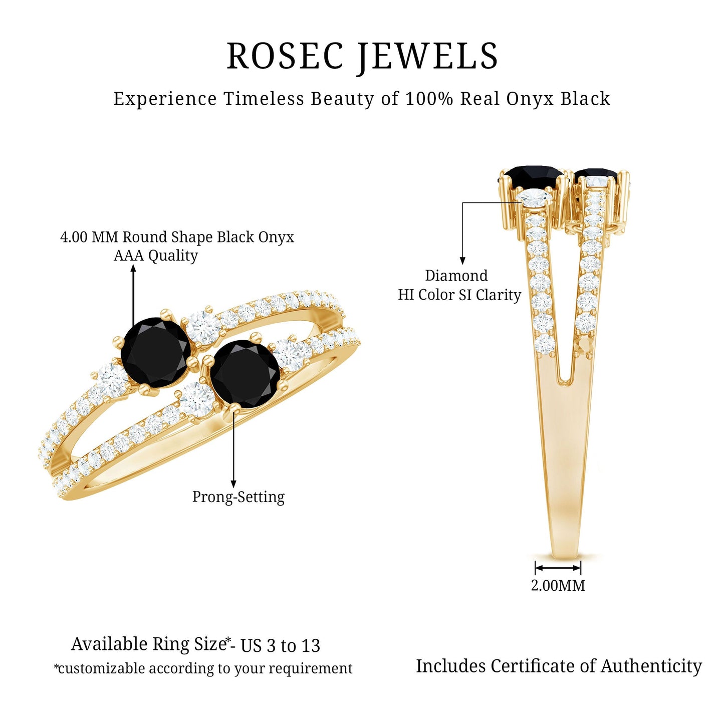 Genuine Black Onyx Two Stone Promise Ring with Diamond
