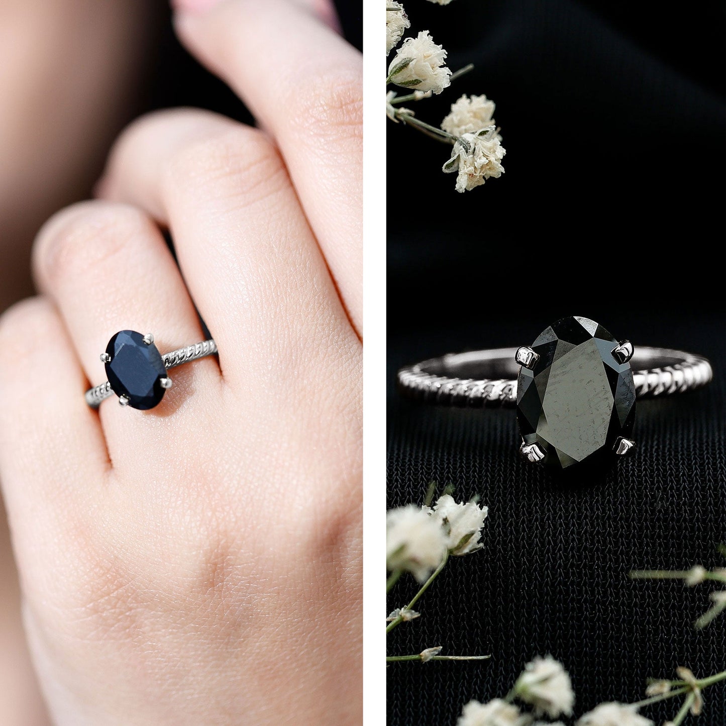 4.2 Carat Oval Lab Grown Black Diamond Solitaire Engagement Ring with Surprise White Diamond