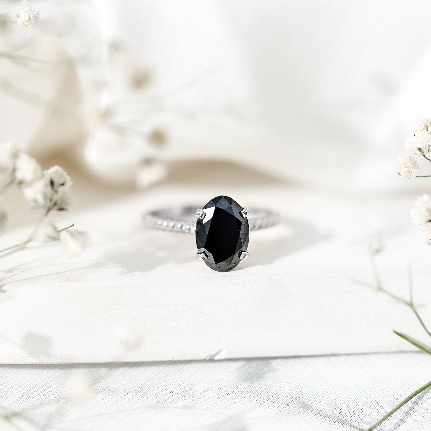 4.2 Carat Oval Lab Grown Black Diamond Solitaire Engagement Ring with Surprise White Diamond