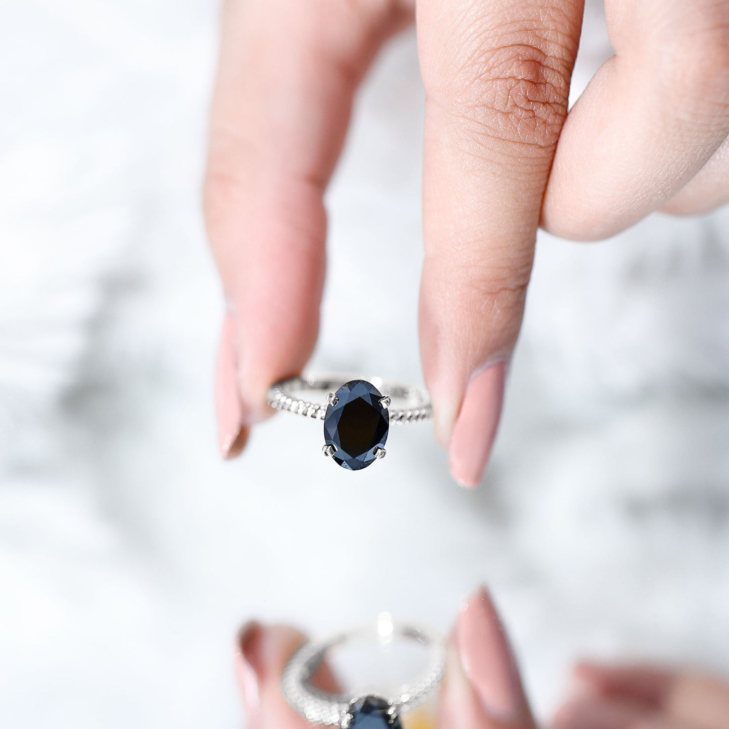 4.2 Carat Oval Lab Grown Black Diamond Solitaire Engagement Ring with Surprise White Diamond