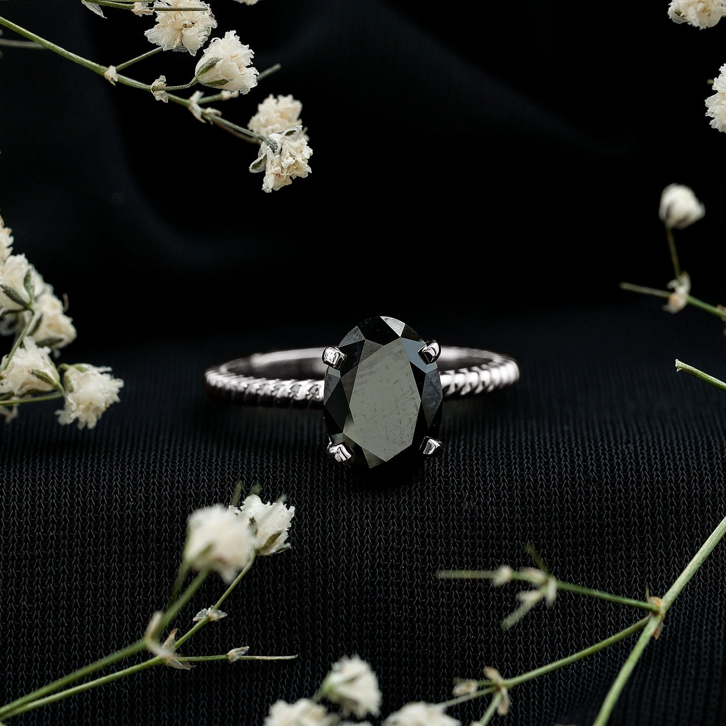 4.2 Carat Oval Lab Grown Black Diamond Solitaire Engagement Ring with Surprise White Diamond