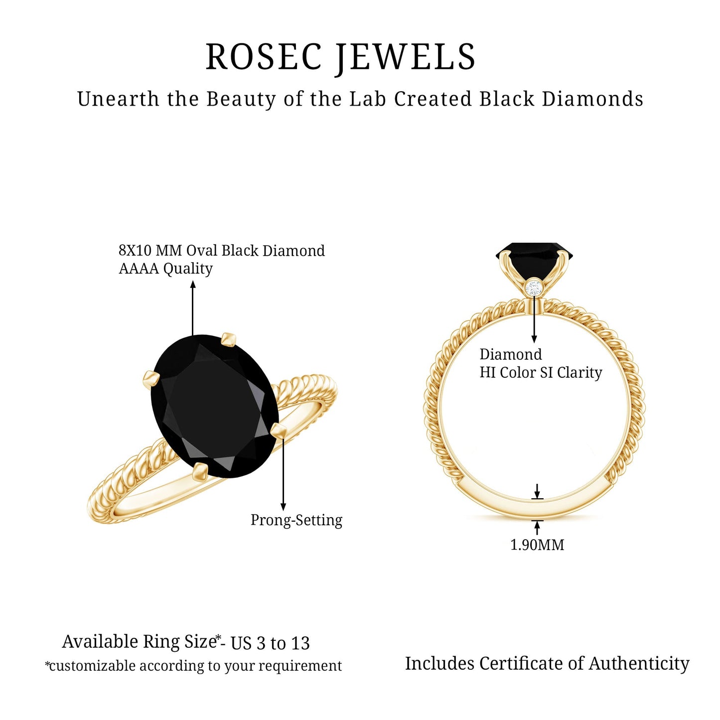 4.2 Carat Oval Lab Grown Black Diamond Solitaire Engagement Ring with Surprise White Diamond