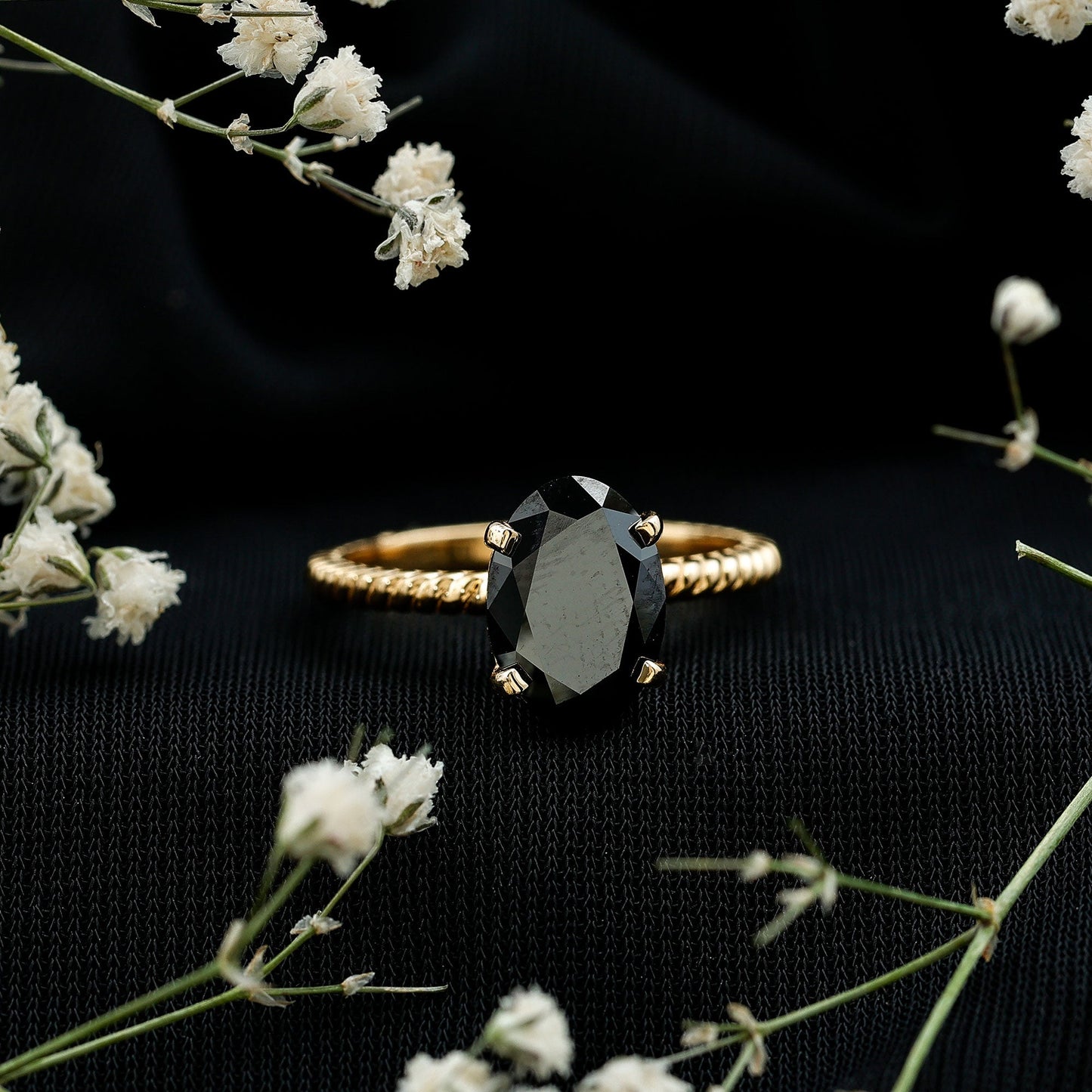 4.2 Carat Oval Lab Grown Black Diamond Solitaire Engagement Ring with Surprise White Diamond