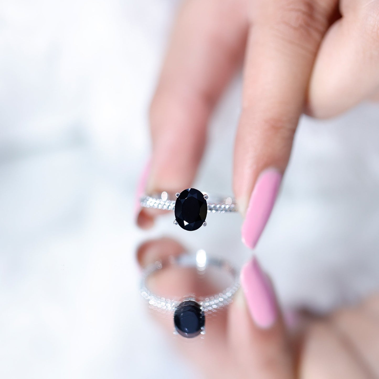 1.7 Carat Oval Cut Black Onyx Solitaire Engagement Ring with Diamond