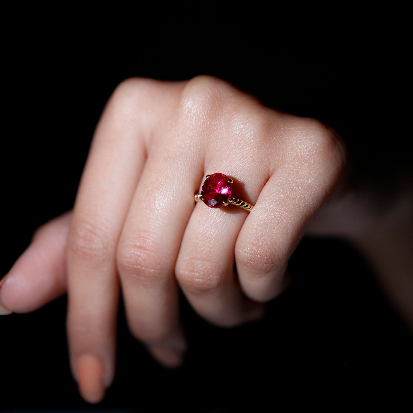 Created Ruby Solitaire Ring with Surprise Diamond and Twisted Rope