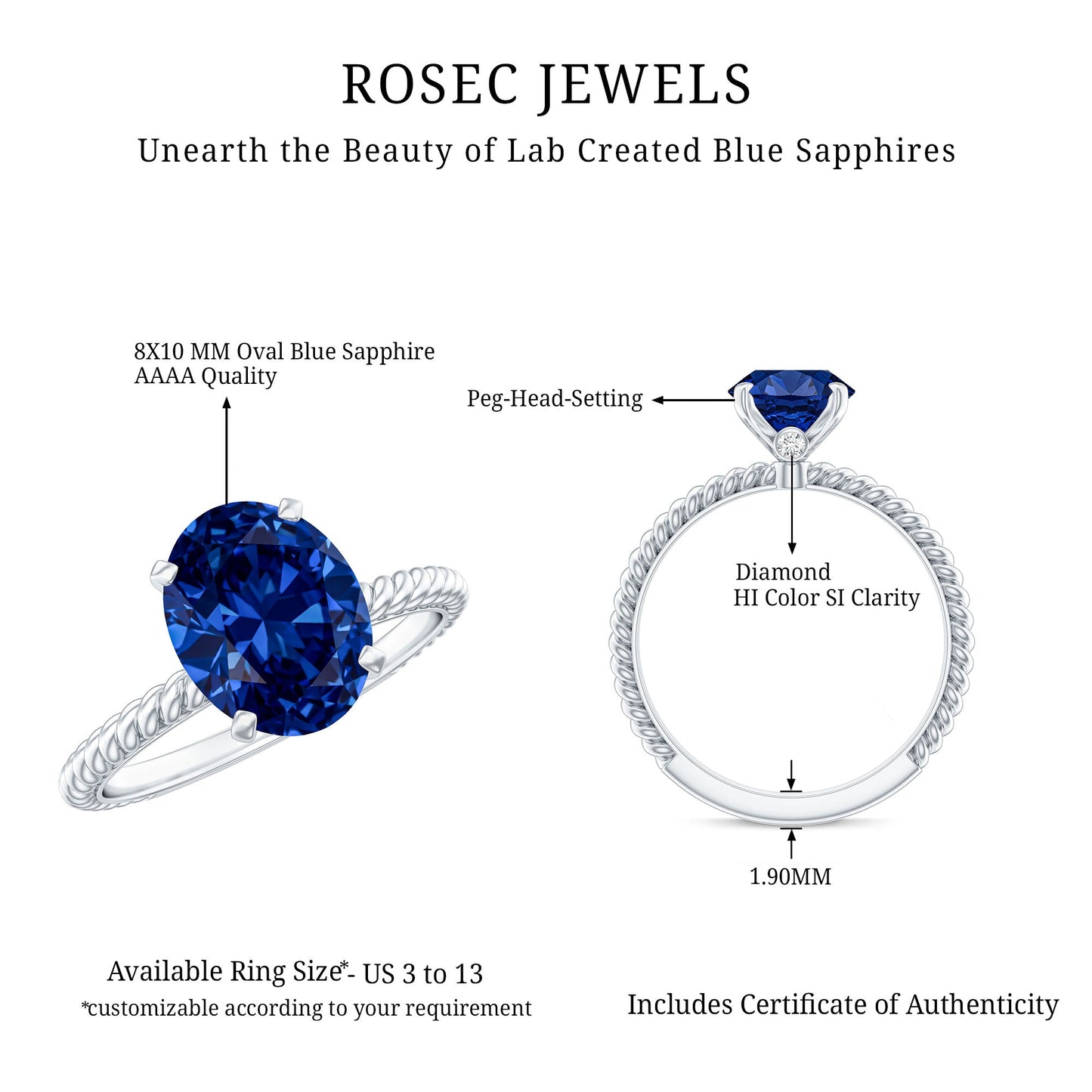 Certified 4 Carat Lab Grown Blue Sapphire Engagement Ring with Surprise Diamond