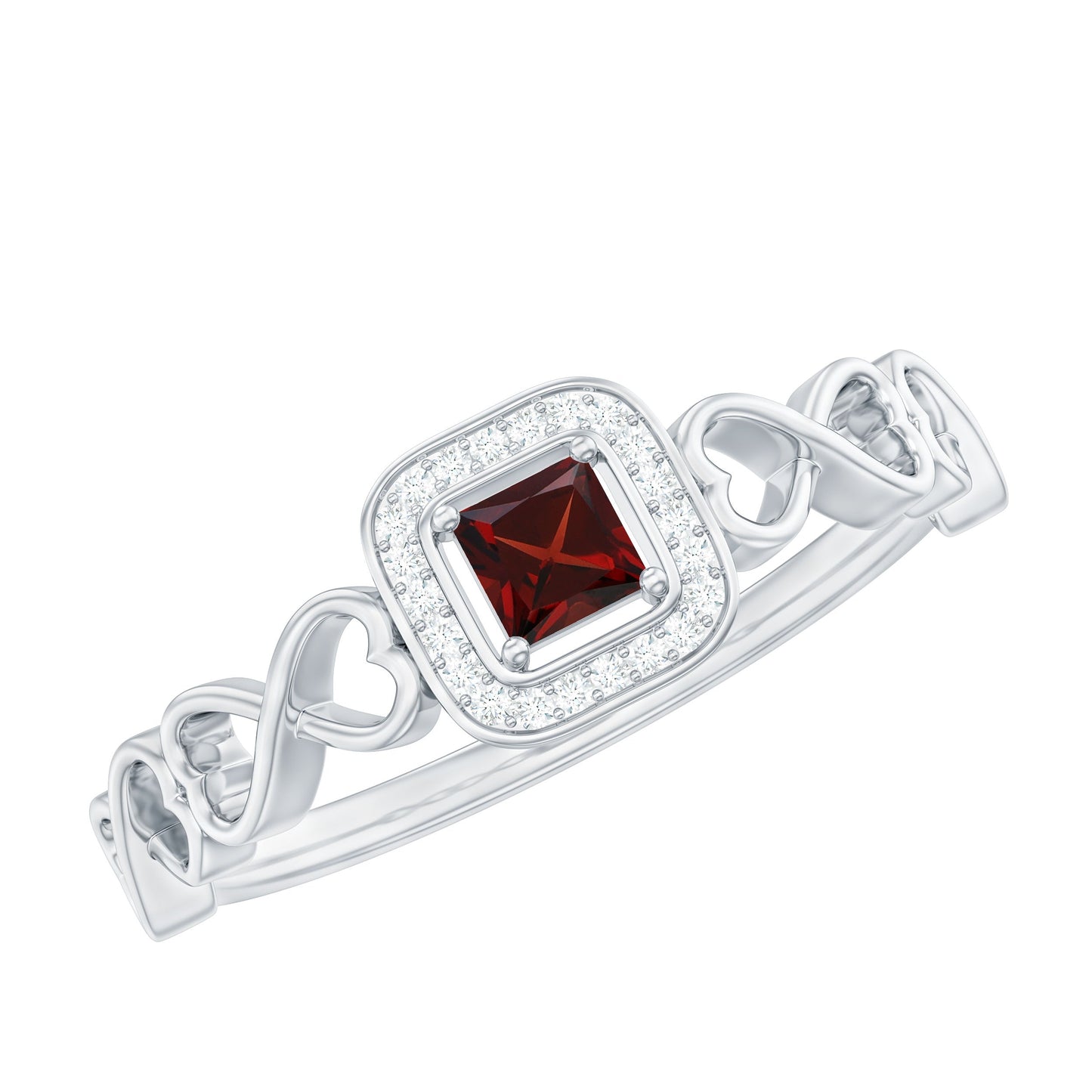 Real Princess Cut Garnet Diamond Engagement Ring with Infinity Heart Shank