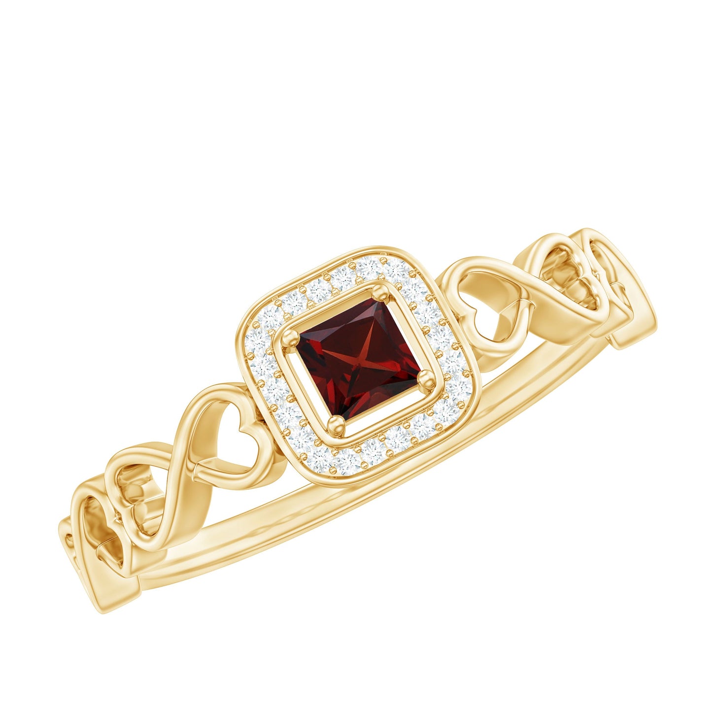Real Princess Cut Garnet Diamond Engagement Ring with Infinity Heart Shank