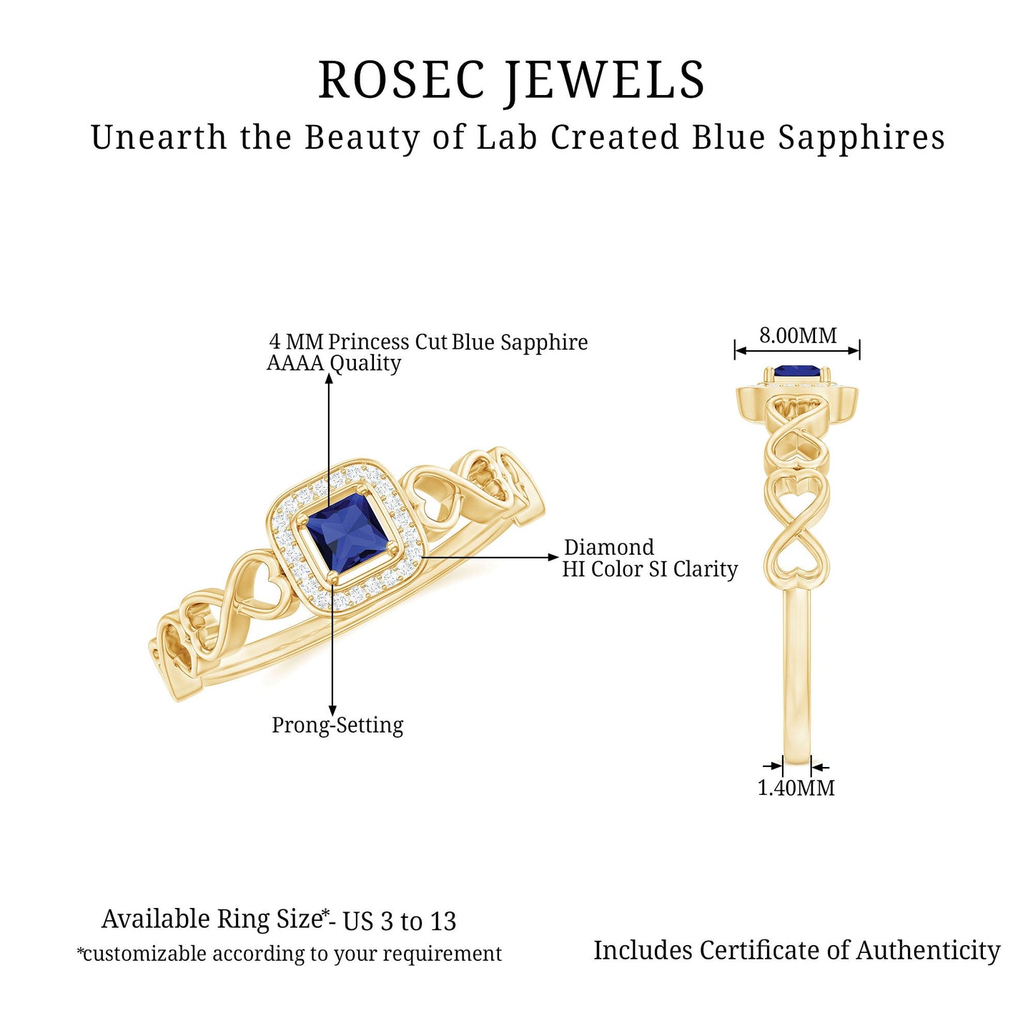 Certified Lab Blue Sapphire Diamond Promise Ring with Infinity Heart Shank