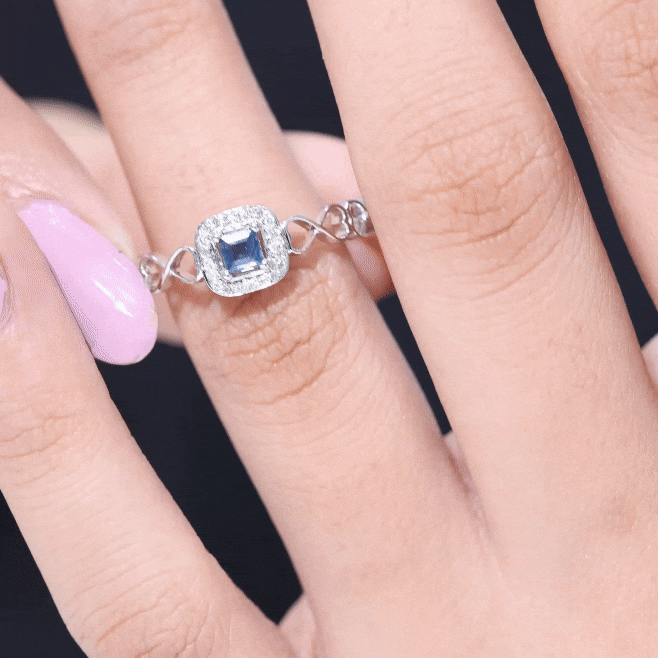 Natural Princess Cut Blue Sapphire Diamond Promise Ring with Infinity Heart Shank